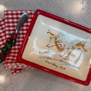 MudPie Holiday Reindeer Plate Cheese Knife and Cloth Napkin